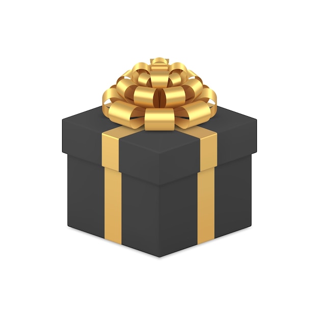 Caixa de presente de moda preta com fita de laço dourada de luxo pacote de férias ícone 3D vetor realista
