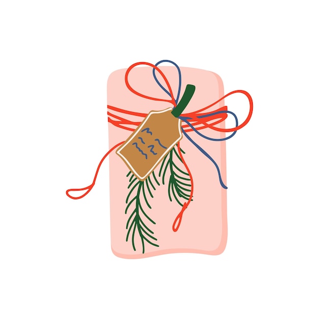 Caixa de presente embalada com papel rosa, barbante, pinho e etiqueta. presente de férias de inverno.