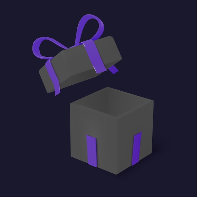 Caixa de presente escura com arco brilhante 3d realista com topo voando