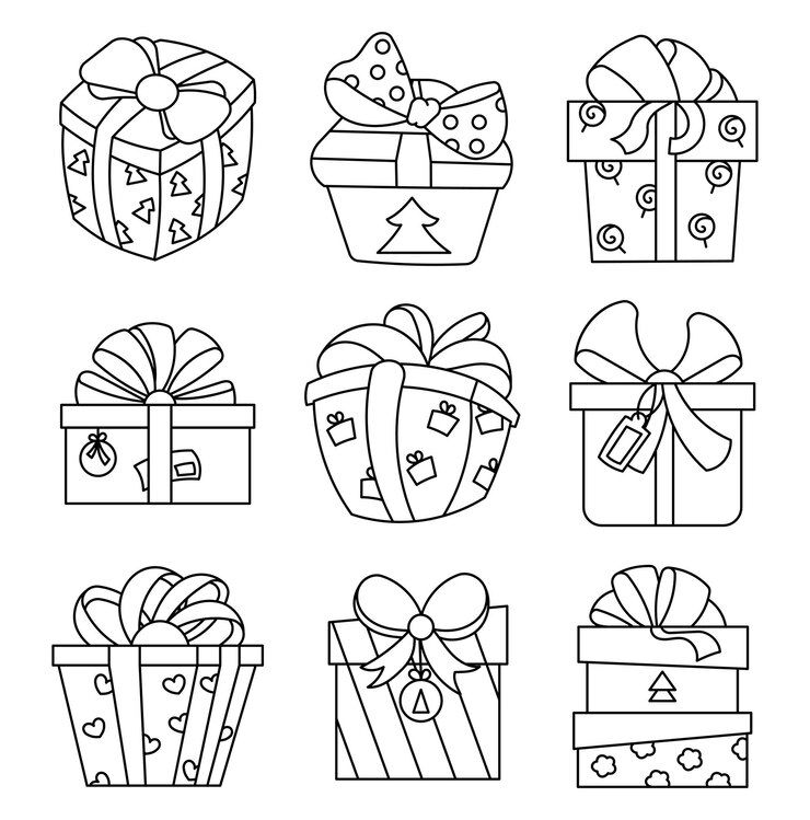 Vetor caixa de presentes de ano novo e natal coloração página surpresa e presentes de férias estilo desenhado à mão