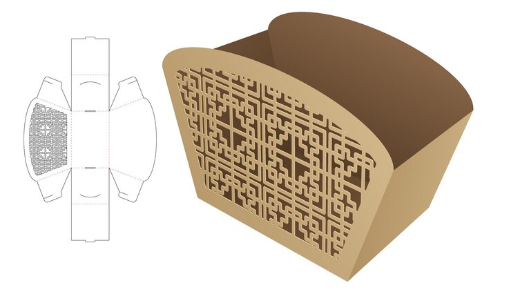 Vetor caixa de tigela de batatas fritas com padrão estampado modelo de corte e maquete 3d