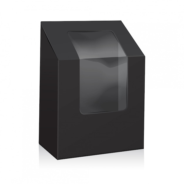 Vetor caixa de triângulo de papelão em branco preto. leve embora caixas de embalagem simulado com janela de plástico.