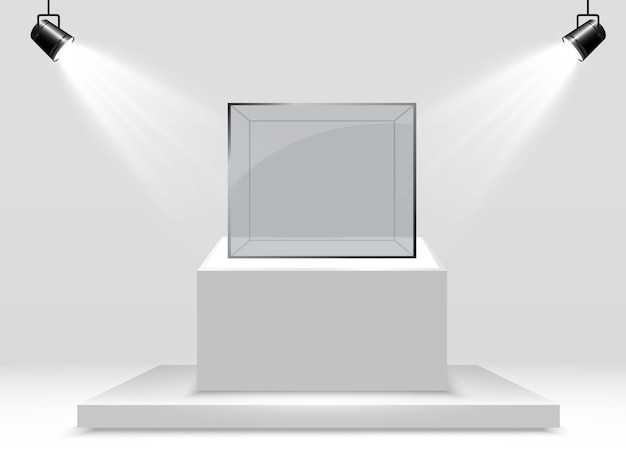 Vetor caixa de vidro realista ou recipiente em um carrinho branco