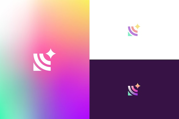 Vetor caixa e logotipo de ícone de aplicativo móvel abstrato estrela de 4 pontos com gradiente colorido.