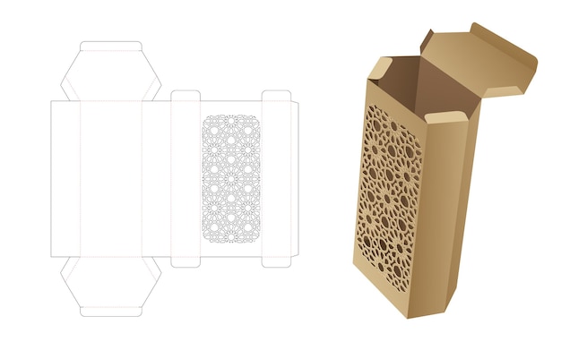 Caixa hexagonal alta de papelão com modelo de corte em molde árabe estampado e maquete 3D