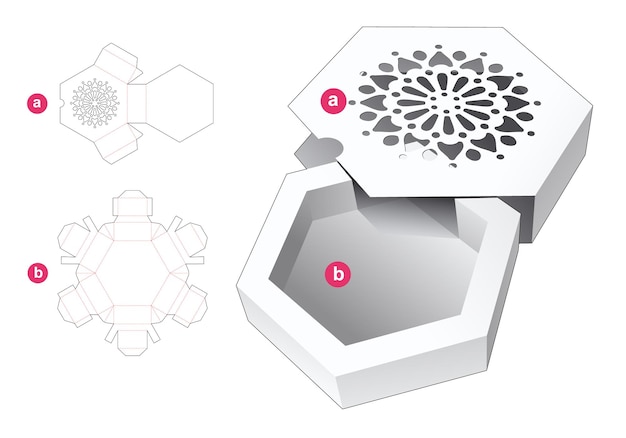 Caixa hexagonal deslizante com modelo de corte e vinco de padrão estampado e maquete 3d