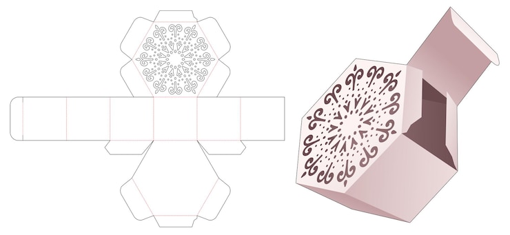 Vetor caixa hexagonal para presente com modelo de estêncil de mandala cortado