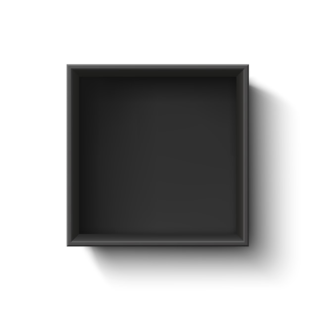 Caixa preta vazia, recipiente em fundo branco. vista do topo. modelo para sua apresentação, banner, folheto ou cartaz. ilustração.
