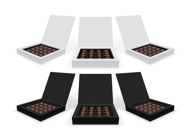 Caixa quadrada com chocolates isolados no fundo branco