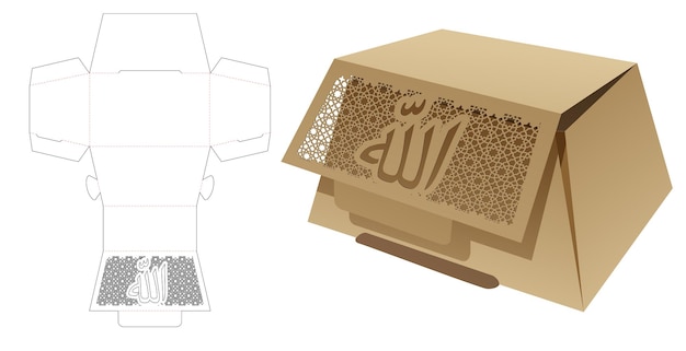 Caixa trapezoidal com palavra estêncil god em molde de corte árabe e maquete 3d