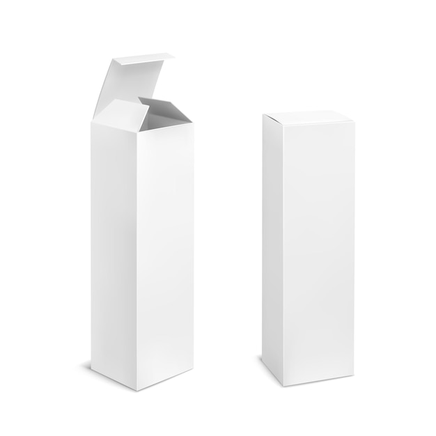 Caixa vazia branca caixas de papelão retangular em branco com sombras papel do produto embalagem aberta e fechada vista de ângulo de publicidade maquete realista vector 3d ilustração isolada