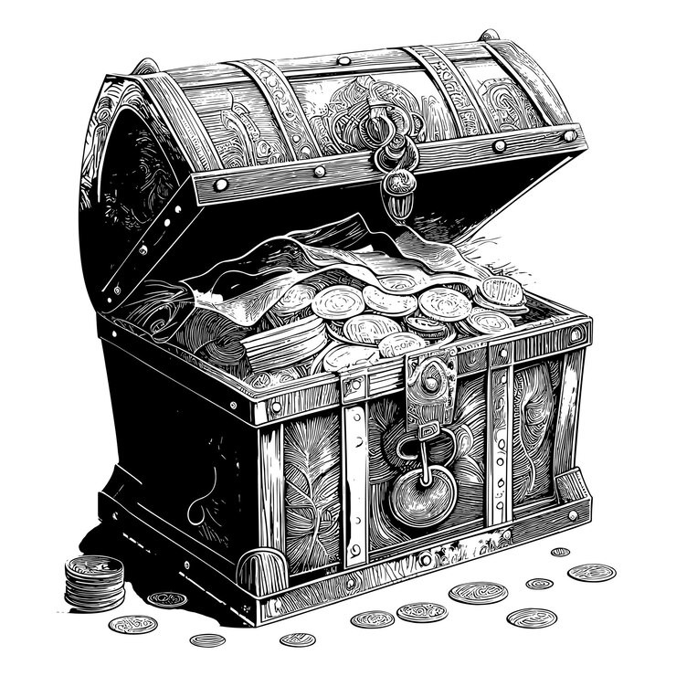 Caixão com dinheiro e moedas ilustração de esboço desenhada à mão