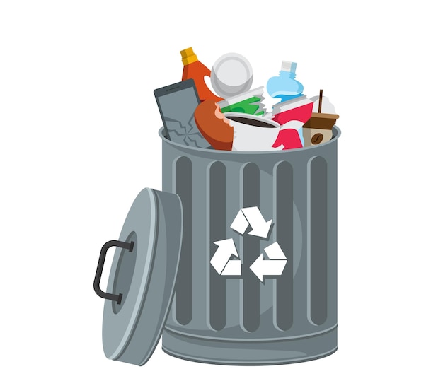Caixão de lixo cheio com símbolo de reciclagem e resíduos variados