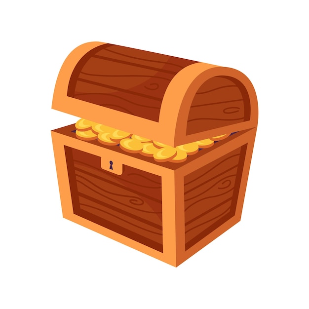 Caixão de madeira de desenho animado com uma fechadura tesouros pilhas de moedas de ouro e jóias ilustração para desenvolvimento de jogos elementos de design livro de jogos de tabuleiro para crianças dublões de pirata Viagem e aventura
