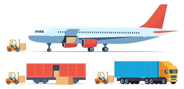 Caixas de carregamento com mercadorias em diferentes tipos de transporte de carga caminhão de trem de avião de carga