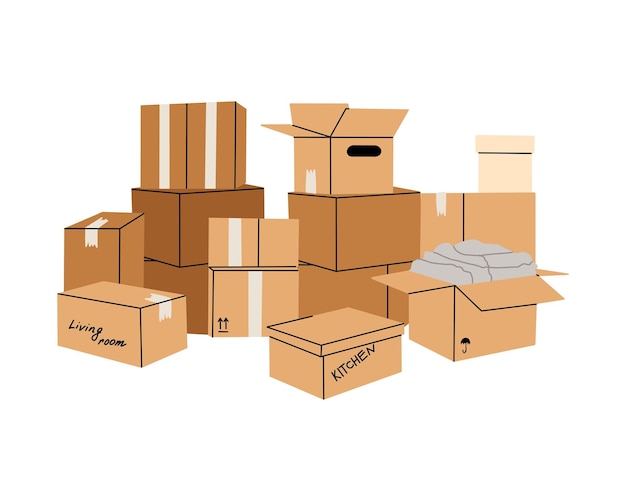 Caixas de cartão pilhas de caixas empilhadas pilhas de armazém de carga entrega e transporte de contêineres embalagem desenhada à mão pilha caixas de correio de cartão pacote de desenho animado plano conjunto de ilustrações vetoriais isoladas