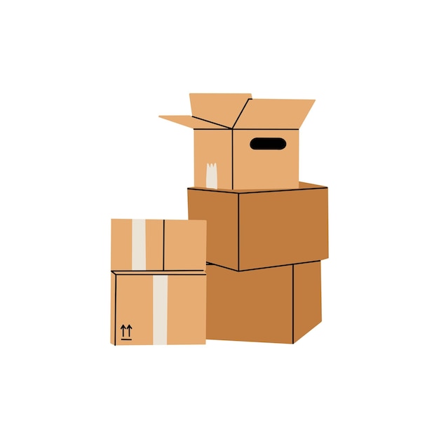 Caixas de cartão pilhas de caixas empilhadas pilhas de armazém de carga entrega e transporte de contêineres embalagem desenhada à mão pilha caixas de correio de cartão pacote de desenho animado plano conjunto de ilustrações vetoriais isoladas