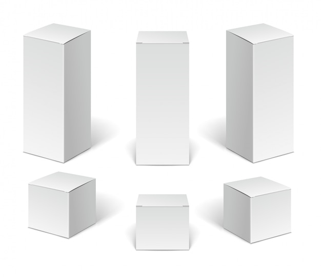 Caixas de embalagem de papelão de papel branco. Conjunto de caixas de dispositivos cosméticos, médicos e eletrônicos verticais em branco isoladas no fundo branco.
