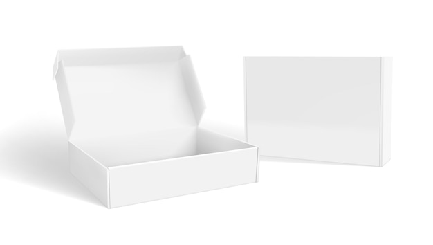 Vetor caixas de embalagem em branco abertas e fechadas realistas