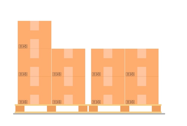 Caixas de papelão em um palete de madeira.