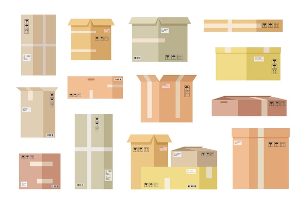 Caixas de papelão planas. Abra a caixa de papel, embalagem de envio. Entrega de caixas de papelão e envio de pacotes de carga. Conjunto de embalagens de navio e armazenamento de vetor. Armazenamento de caixa, ilustração de embalagem de transporte de carga