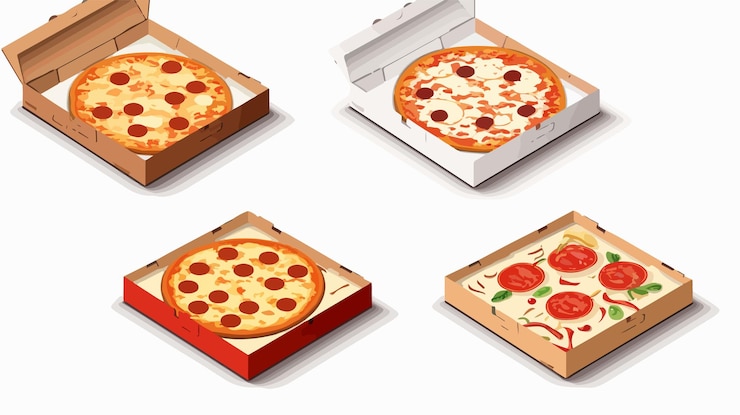 Vetor caixas de pizza vazias mostradas de diferentes ângulos
