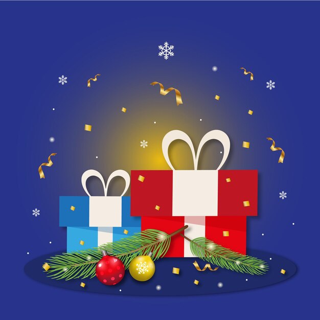Caixas de presente com ramos de abeto, bolas de natal e flocos de neve