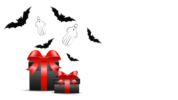 Vetor caixas de presente de banner em preto com laços vermelhos o conceito de presentes e surpresas para morcegos e fantasmas de halloween a atmosfera de halloween em um fundo branco e transparente