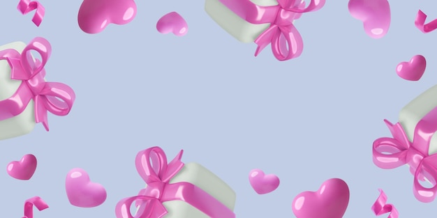Caixas de presente de brinquedo cor-de-rosa e fundo de corações com espaço de cópia bandeira horizontal para venda ou promoção