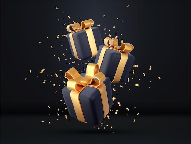 Caixas de presente pretas 3D com fita dourada e conceito de celebração de aniversário de arco Feliz Ano Novo e Feliz Natal caixas de presente pretas com arcos dourados 3d renderização vetor ilustração