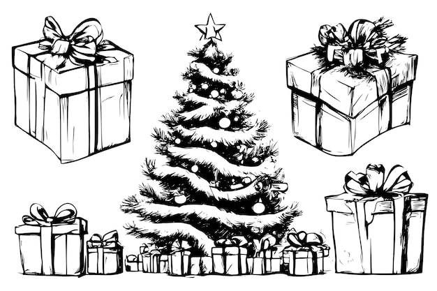 Caixas de presentes de árvores de natal desenhadas à mão desenho de linha de tinta esboço de arte vetorial