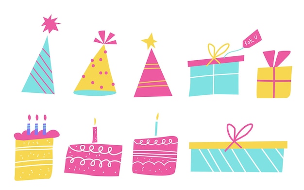 Caixas de presentes de chapéus de aniversário e bolos de aniversário