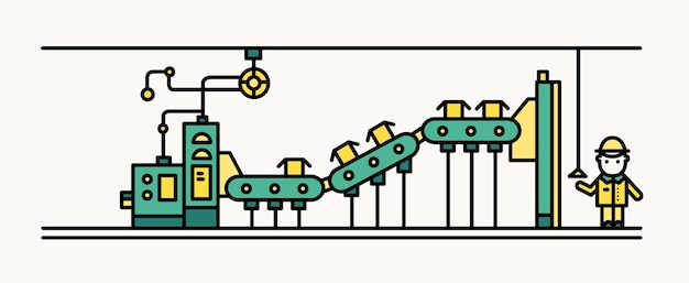 Caixas transportadoras de correia de fábrica, trabalhador usando capacete e roupas de proteção controlando o processo de produção. fabricação e maquinários automatizados. ilustração vetorial no estilo de linha de arte.