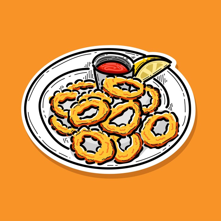 Vetor calamari frito círculo de lulas espanhol tapa anéis de calamari fritos com tempero líquido vermelho