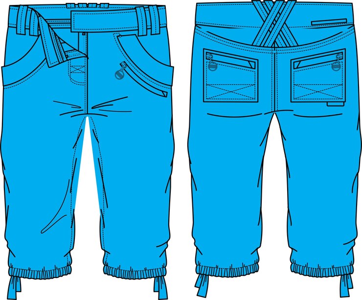 Vetor calça jeans frente e verso modelo de ilustração vetorial pacote técnico desenho plano esboço plano