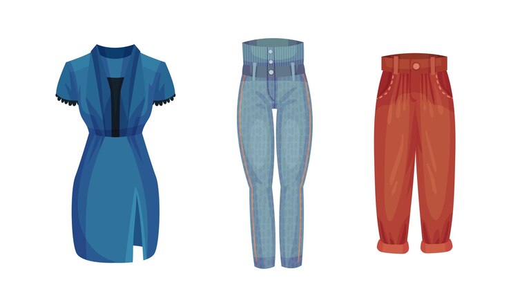 Vetor calças de ganga apertadas com cintura alta e vestido azul com mangas curtas vector set