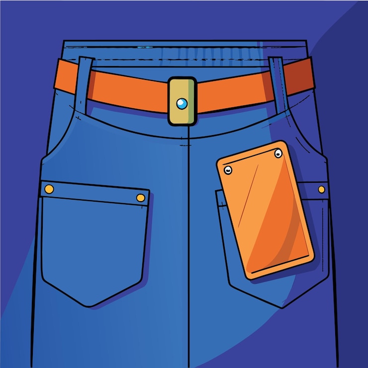 Vetor calças jeans azuis com bolso traseiro e etiqueta de couro marrom vazia