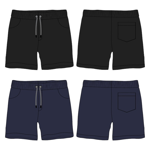 Vetor calções calças desenho técnico moda desenho plano ilustração vetorial modelo de cores preto e marinho