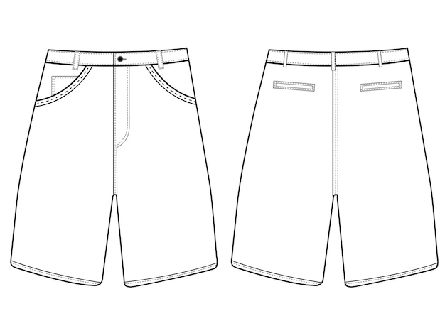 Calções de carga masculinos esboço plano ilustração vetorial moda frente e trás vista bolsos brancos elas