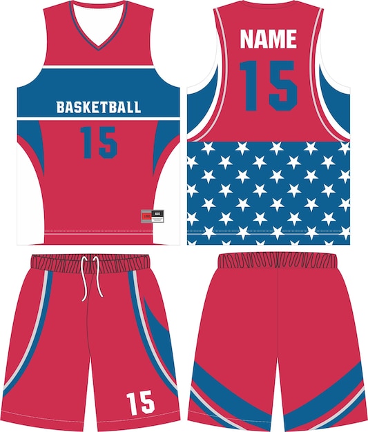 Vetor calções de uniforme de basquete, modelo para camisa de esporte de vista frontal e traseira do clube de basquete