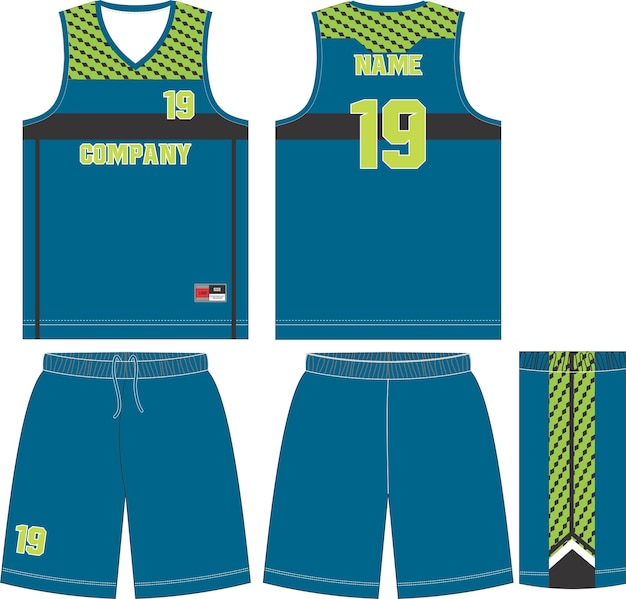 Calções de uniforme de basquete, modelo para camisa de esporte de vista frontal e traseira do clube de basquete