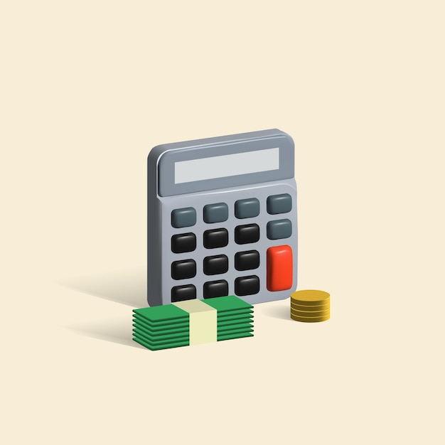 Calculadora com notas e moedas vetor de contabilidade 3d ícone calculadora ilustração 3d