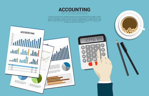 Calculadora do toque do homem de negócios do vetor com copo de café e papel do relatório. mesa espaço de trabalho do contabilista. conceito para investimento e contabilidade de informações comerciais