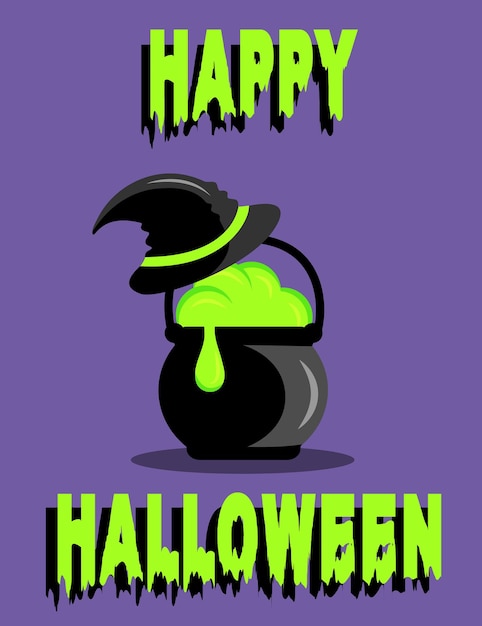 Caldeirão da bruxa negra de Halloween com cerveja verde. Cartão de Halloween com chapéu de bruxa e caldeirão