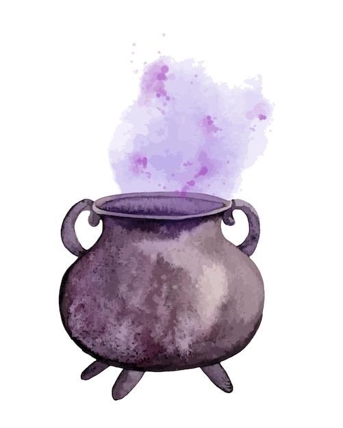 Caldeirão de bruxa em aquarela. Ilustração vetorial de Caldron com poção mágica para o Halloween