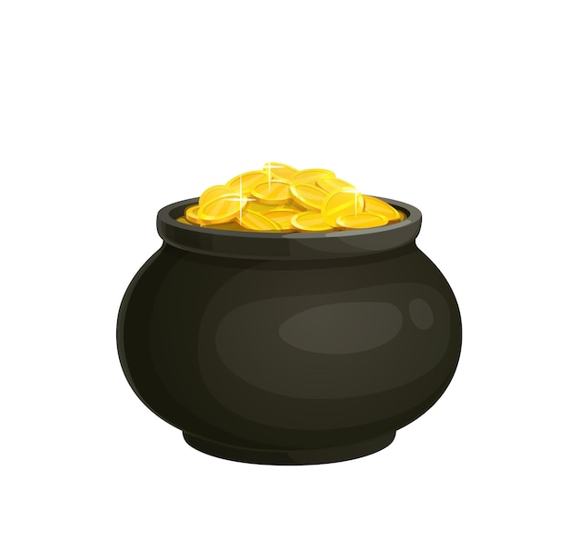 Vetor caldeirão de pote de tesouro de desenho animado com moedas de ouro