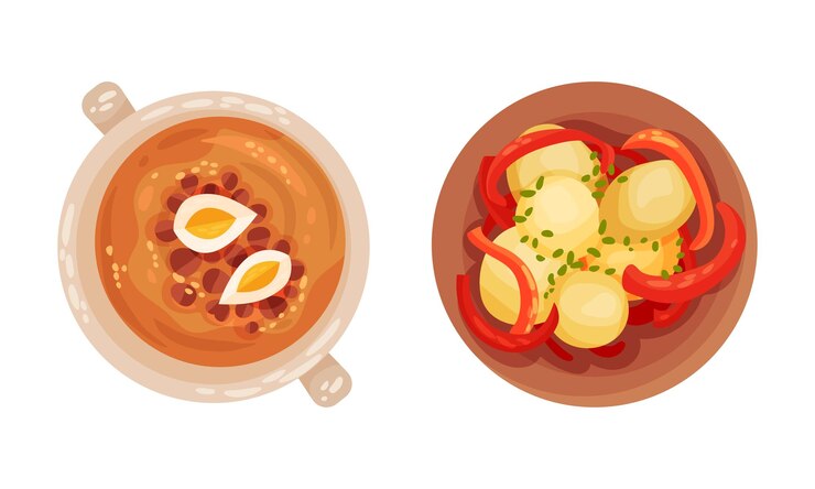 Vetor caldo em tigela e batata como prato de cozinha espanhola servido acima view vector set