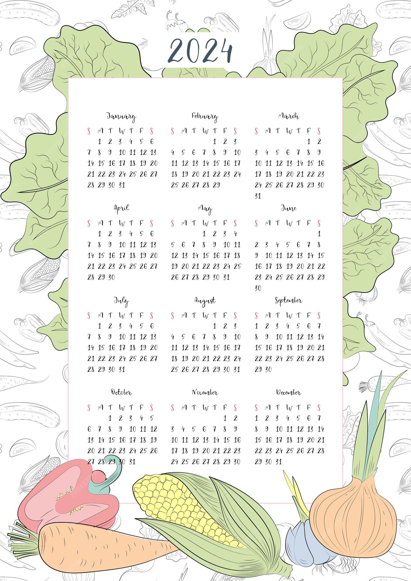 Calendar_2024_pattern_veg Vetor Premium