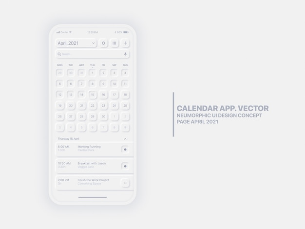 Vetor calendar mobile app page abril de 2021 ano com gerenciador de tarefas iu ux conceitual mockup de design neumórfico