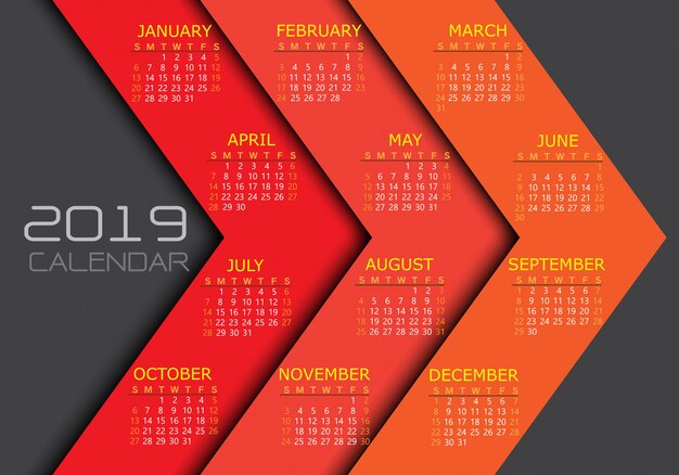 Vetor calendar o fundo vermelho da seta do número branco amarelo do texto 2019.